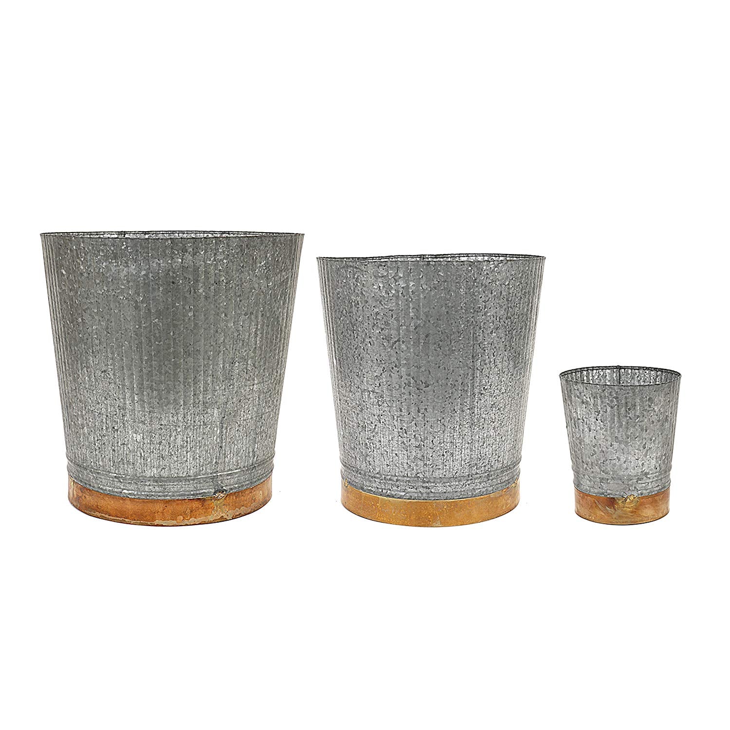 Round Galvanized Metal Buckets/Planters with Copper Band | Set of 3